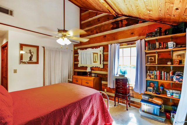 bedroom featuring wooden ceiling, carpet, lofted ceiling, and ceiling fan