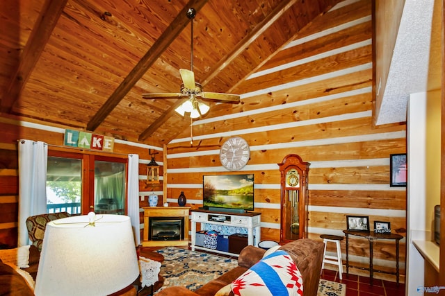 tiled living room featuring wood ceiling, beam ceiling, wood walls, high vaulted ceiling, and ceiling fan