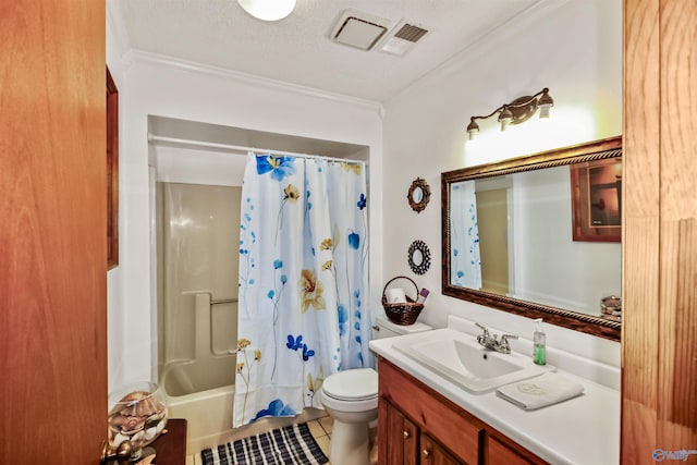 full bathroom featuring vanity, a textured ceiling, shower / bathtub combination with curtain, crown molding, and toilet