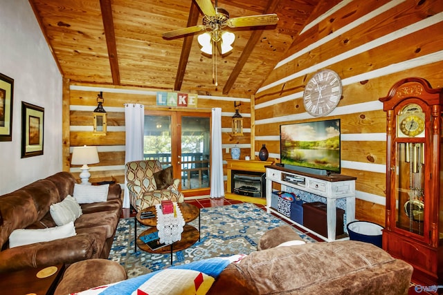 living room with wood ceiling, vaulted ceiling with beams, ceiling fan, and french doors