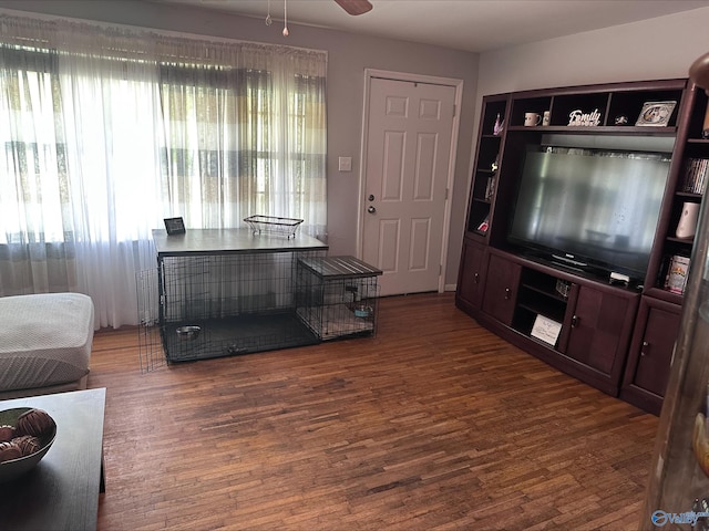 living area with a ceiling fan and wood finished floors