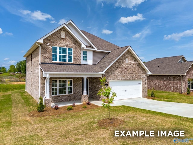 craftsman house featuring a garage, a porch, and a front yard