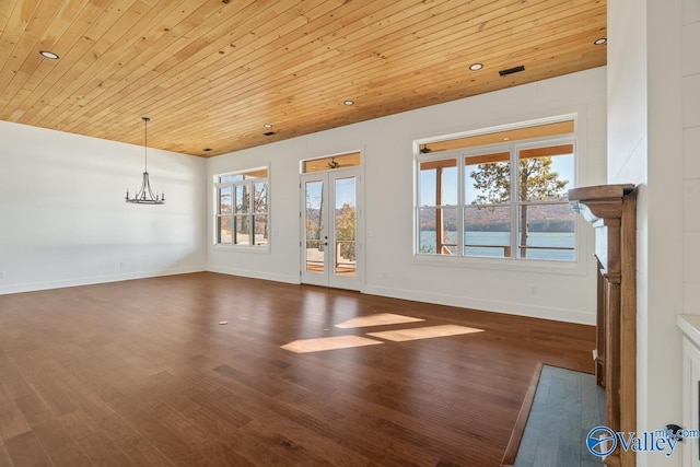 interior space featuring dark hardwood / wood-style flooring, a water view, a wealth of natural light, and wooden ceiling