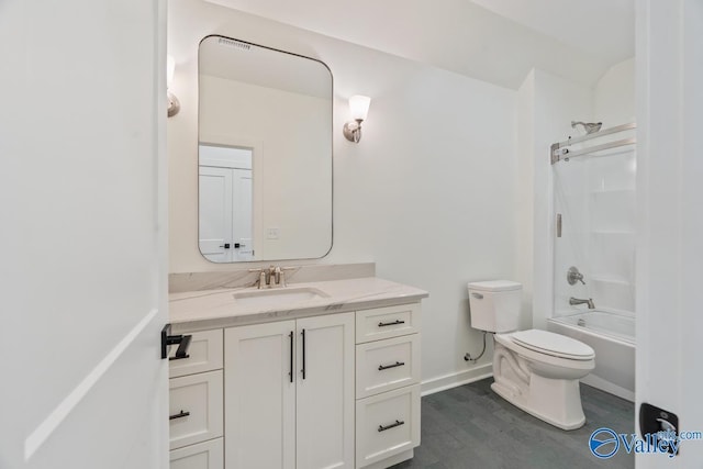 full bathroom with vanity,  shower combination, hardwood / wood-style flooring, and toilet