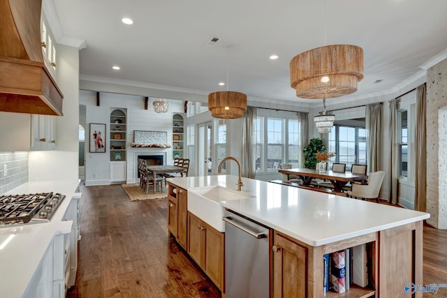 kitchen with stainless steel appliances, a fireplace, crown molding, custom exhaust hood, and an island with sink