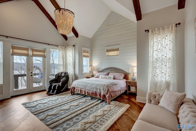 bedroom with high vaulted ceiling, access to exterior, dark wood-style floors, and beamed ceiling