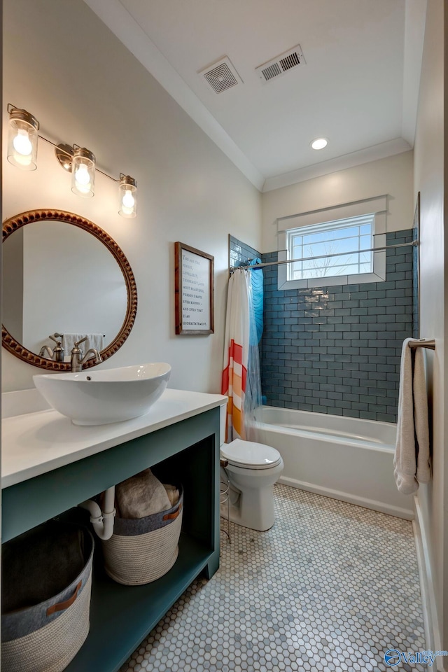 full bathroom featuring tile patterned flooring, shower / bath combination with curtain, toilet, vanity, and ornamental molding