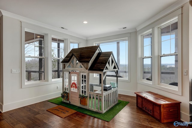 interior space with dark wood-style flooring, visible vents, and baseboards