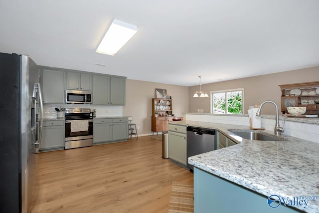 kitchen with a sink, hanging light fixtures, appliances with stainless steel finishes, light wood-type flooring, and tasteful backsplash