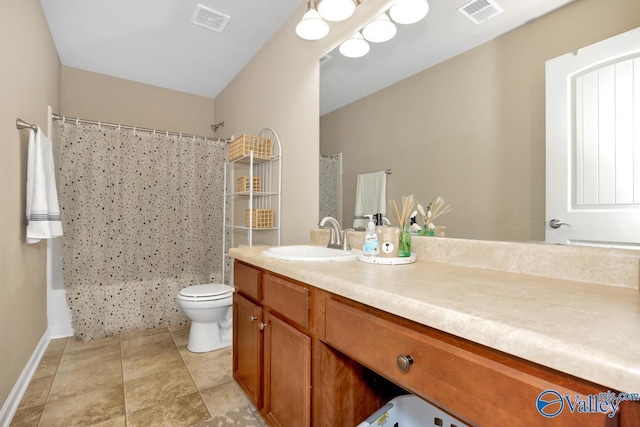 bathroom featuring toilet, visible vents, shower / bath combination with curtain, and vanity