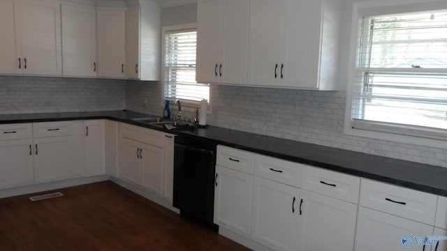 kitchen with dishwasher, sink, white cabinetry, and dark wood-type flooring