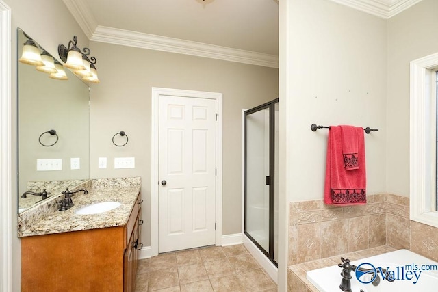 bathroom with vanity, tile patterned flooring, and crown molding