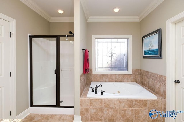 bathroom with plus walk in shower and crown molding