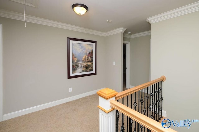 corridor with carpet flooring and crown molding