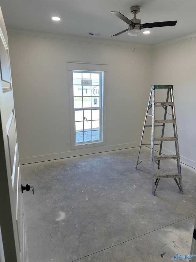 empty room with recessed lighting, visible vents, ornamental molding, concrete floors, and baseboards