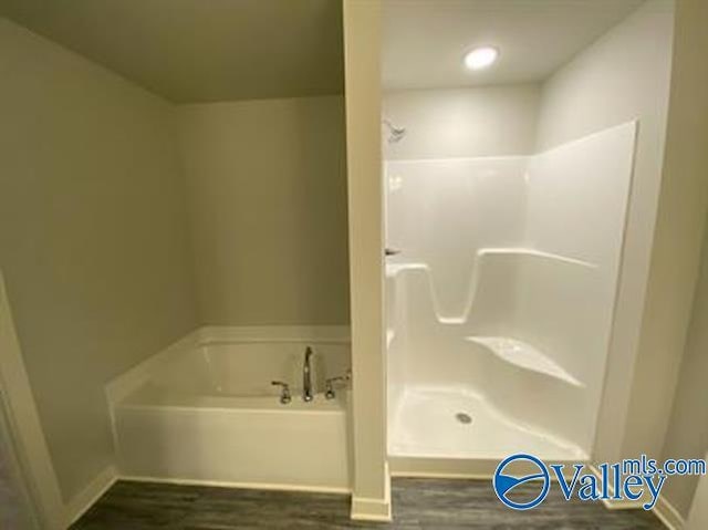 bathroom featuring wood-type flooring and plus walk in shower