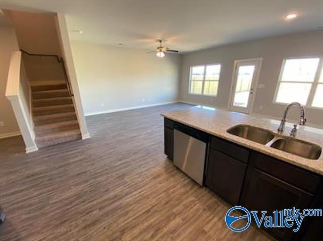 kitchen featuring sink, dark wood-type flooring, stainless steel dishwasher, and ceiling fan