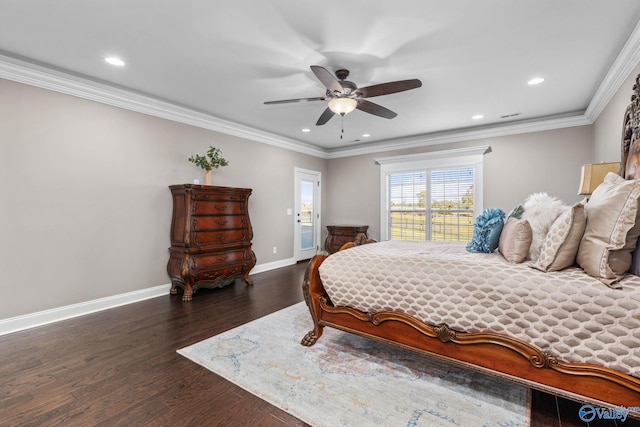 bedroom featuring recessed lighting, baseboards, ornamental molding, and wood finished floors
