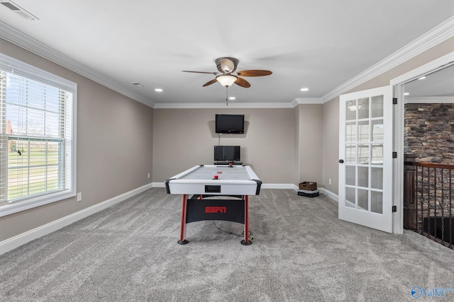 rec room featuring recessed lighting, carpet flooring, visible vents, and a ceiling fan