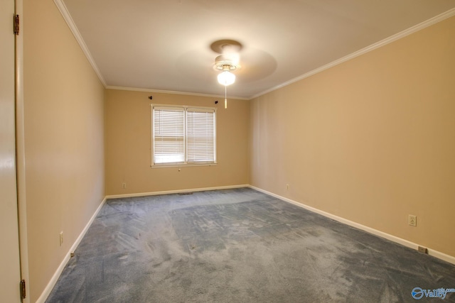 carpeted empty room featuring crown molding and ceiling fan