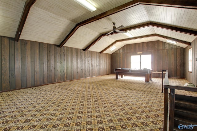 bonus room with ceiling fan, billiards, and vaulted ceiling