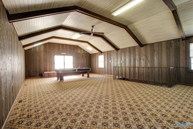 bonus room with ceiling fan, billiards, and lofted ceiling