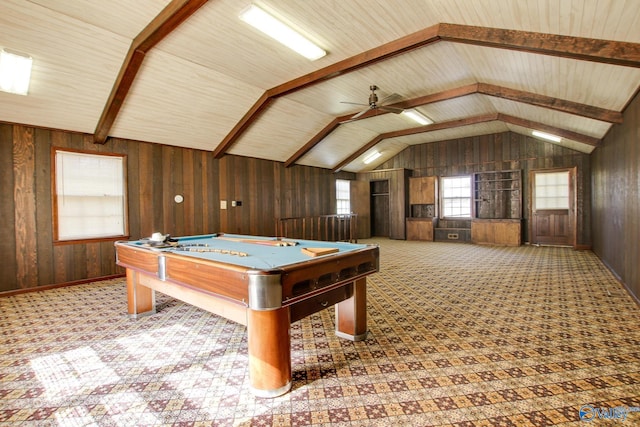 game room with vaulted ceiling with beams, pool table, wooden walls, carpet floors, and ceiling fan