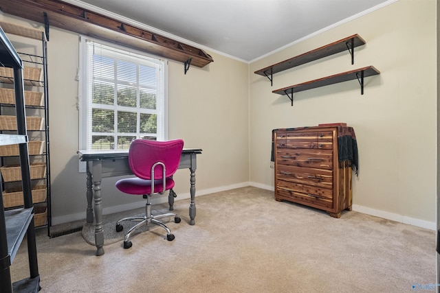 carpeted office featuring crown molding