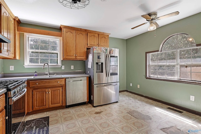 kitchen featuring ceiling fan, sink, and stainless steel appliances