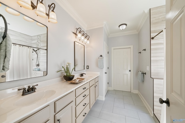 bathroom featuring a shower with shower curtain, ornamental molding, tile patterned flooring, and vanity