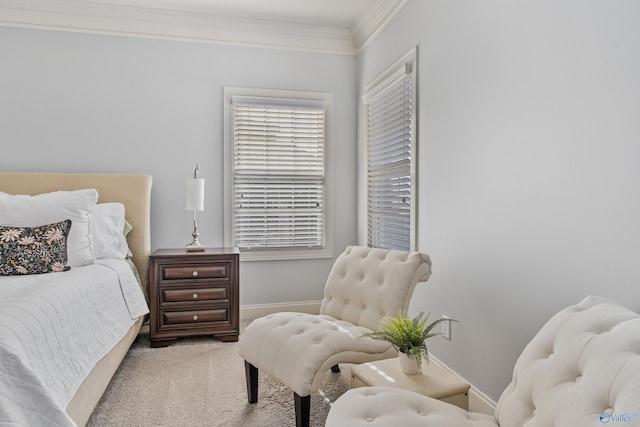 carpeted bedroom with crown molding