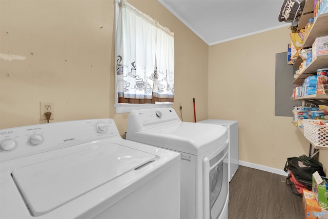 washroom featuring washer and dryer, crown molding, electric panel, and dark hardwood / wood-style flooring