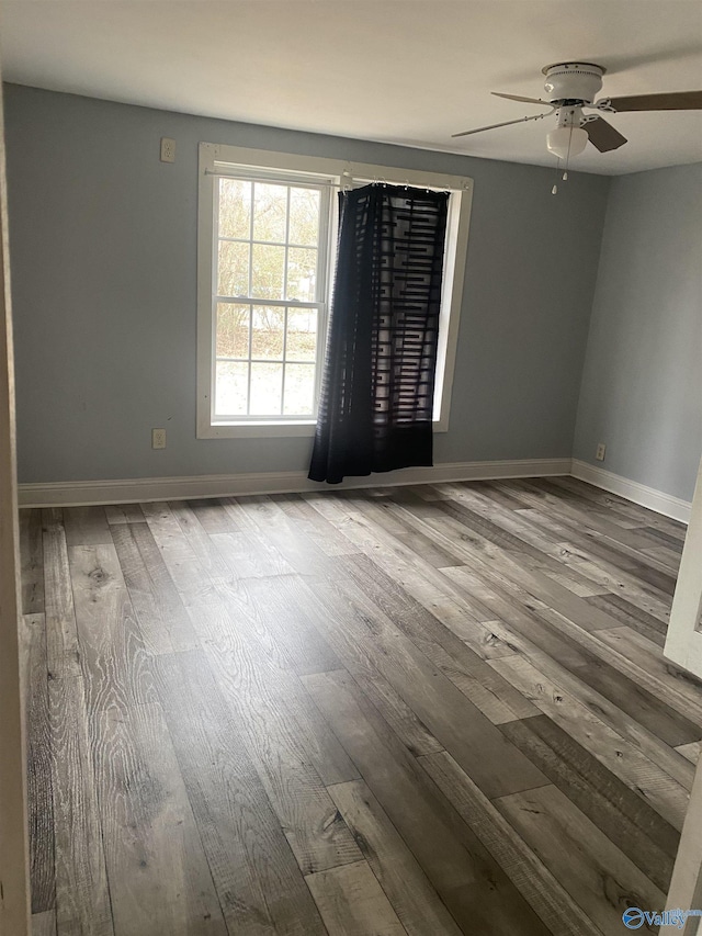 empty room with wood-type flooring and ceiling fan