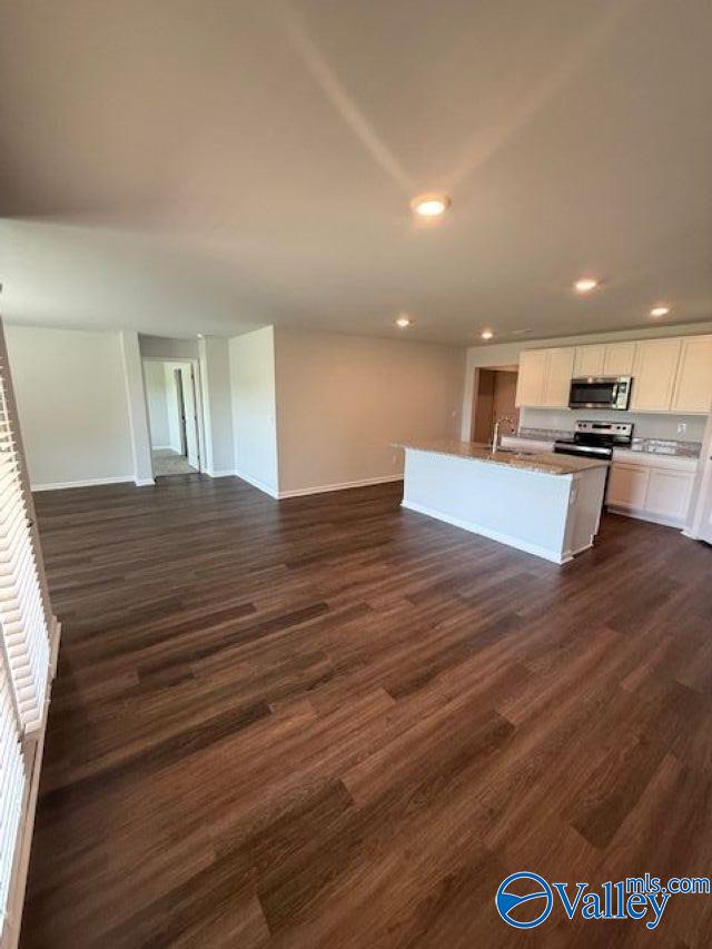 196 Murphy Ln, Madison, AL 35756 - kitchen featuring appliances with stainless steel finishes, open floor plan, dark wood finished floors, white cabinets, and a center island with sink