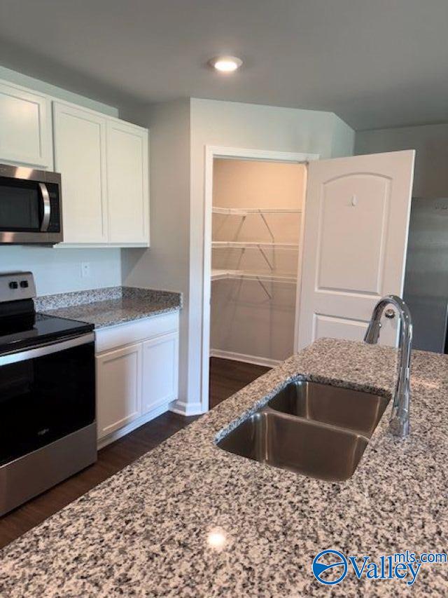 196 Murphy Ln, Madison, AL 35756 - kitchen featuring appliances with stainless steel finishes, a sink, light stone countertops, white cabinets, and dark wood-style flooring