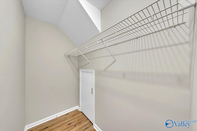walk in closet with vaulted ceiling and light wood-style floors