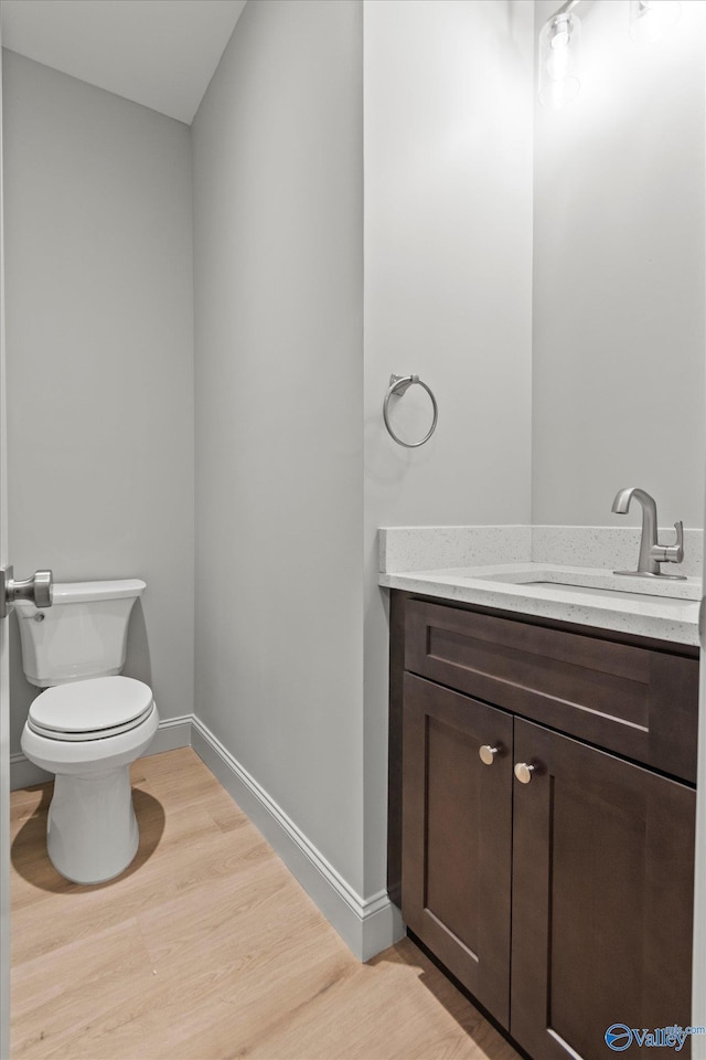 bathroom featuring vanity, wood-type flooring, and toilet