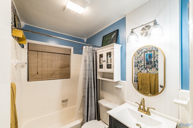 2122 Fernbrook Dr NE, Huntsville, AL 35811 - full bathroom with shower / bath combination with curtain, toilet, vanity, and tile walls