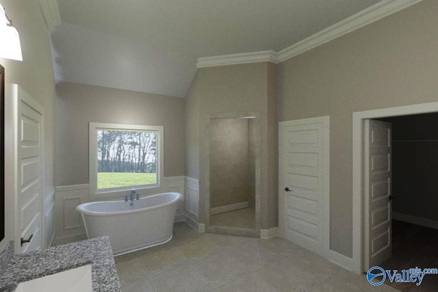 bathroom with a soaking tub, wainscoting, crown molding, and tiled shower