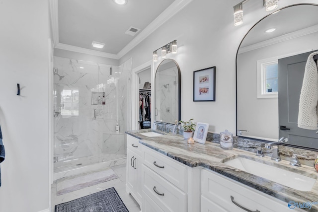 bathroom with crown molding, vanity, and an enclosed shower