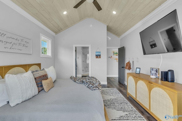 bedroom with wooden ceiling, vaulted ceiling, dark hardwood / wood-style flooring, and ceiling fan