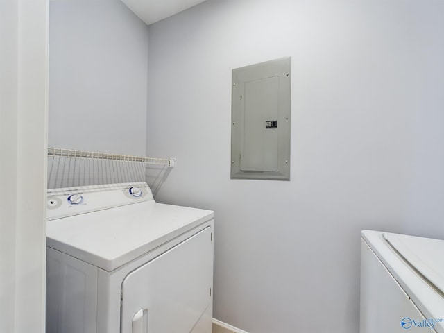 laundry room with electric panel and washing machine and dryer