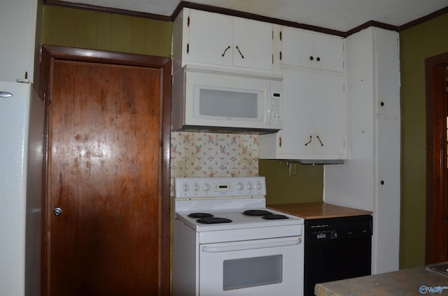 kitchen with white cabinetry and white appliances