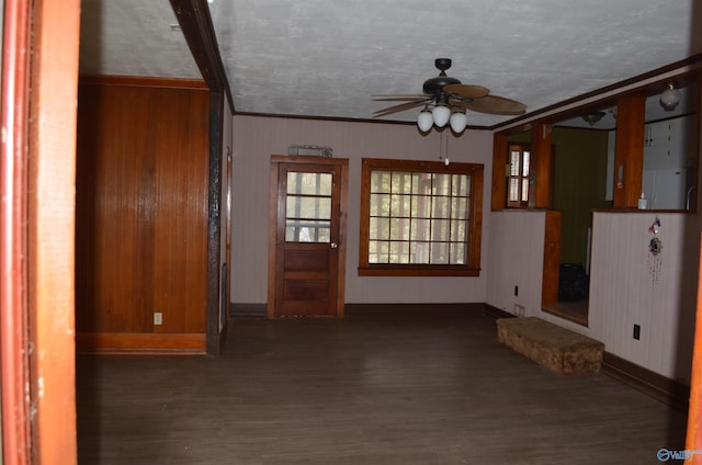 entryway with ceiling fan, wood finished floors, and wooden walls