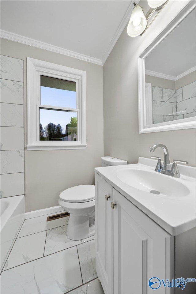 full bathroom with toilet, crown molding,  shower combination, and vanity