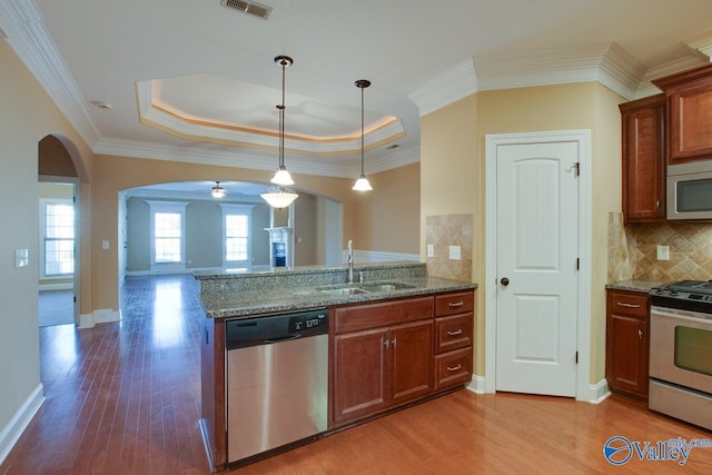 kitchen with decorative backsplash, appliances with stainless steel finishes, a raised ceiling, crown molding, and sink