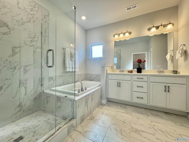 full bathroom featuring a marble finish shower, a garden tub, marble finish floor, and visible vents