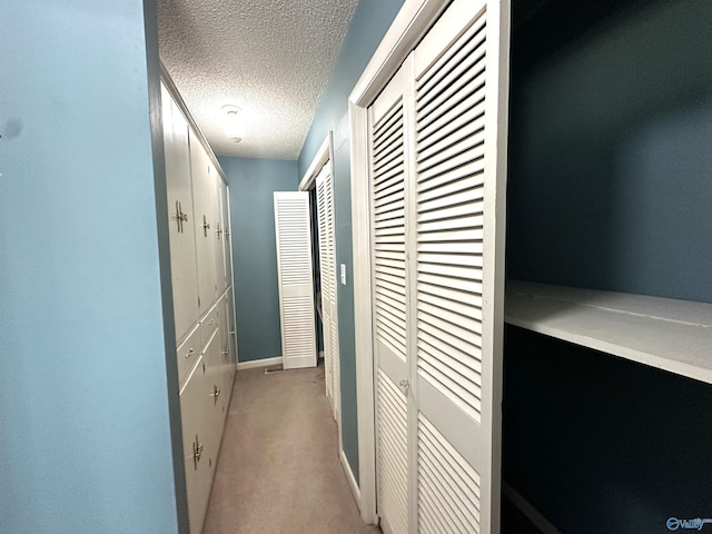 hall featuring light carpet and a textured ceiling