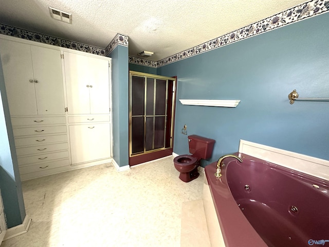 bathroom featuring independent shower and bath and a textured ceiling