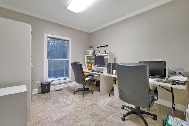 office space with light tile patterned floors and ornamental molding